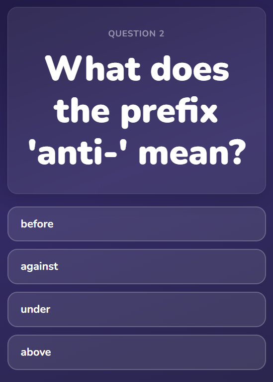 A vocabulary quiz question with multiple choice answers