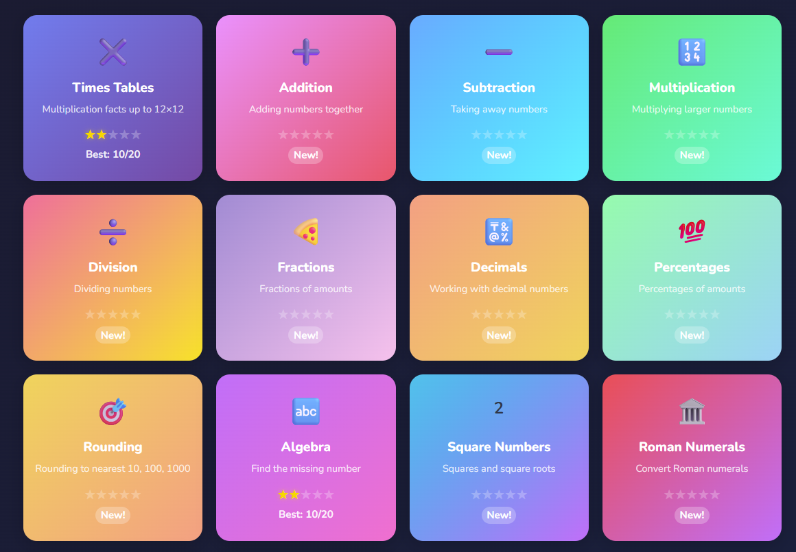 Maths topic selection screen showing colourful topic cards